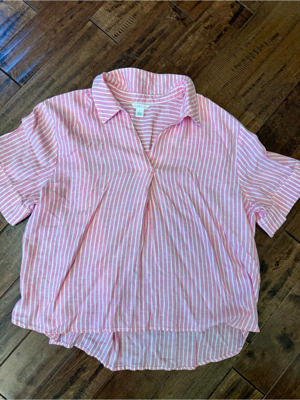Caslon Pink and White Striped Short Sleeve Button-Down Blouse